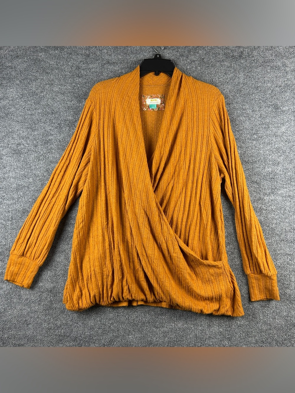 Maeve Anthropologie Mustard Ochre Ribbed Knit Faux Wrap Surplice Sweater Top 1X
